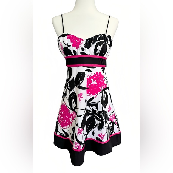 Speechless Dress Juniors 3 Black White Pink Floral Empire Waist A-Line Bow Back - Picture 1 of 9